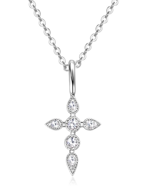 925 Sterling Silver White CZ Cross Dainty Necklace