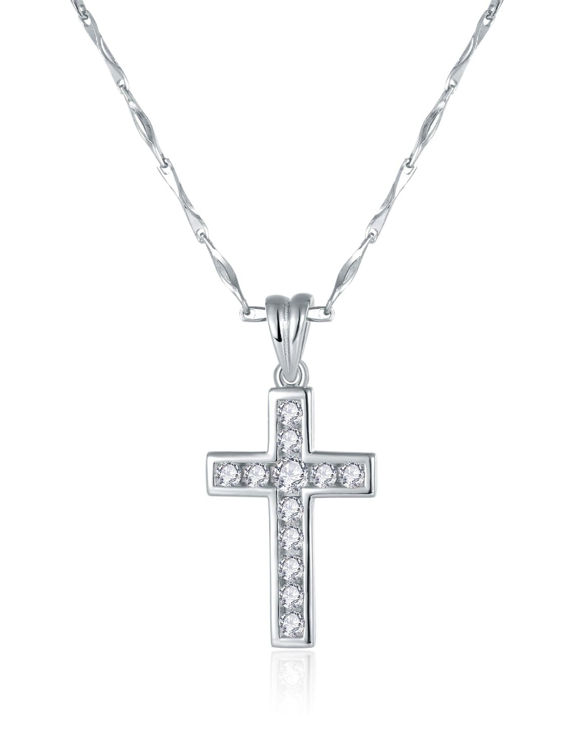 925 Sterling Silver White CZ Religious Cross Necklace