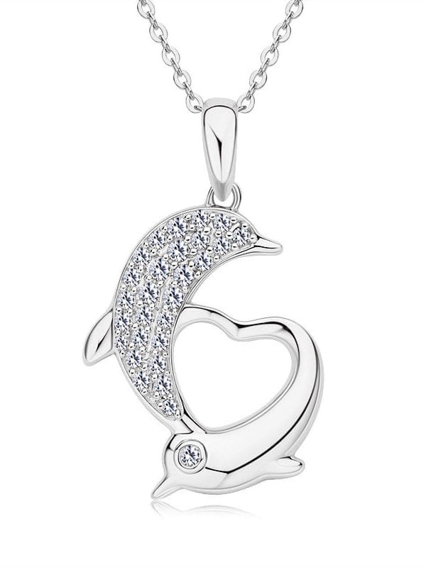 925 Sterling Silver White CZ Dolphin Dainty Necklace