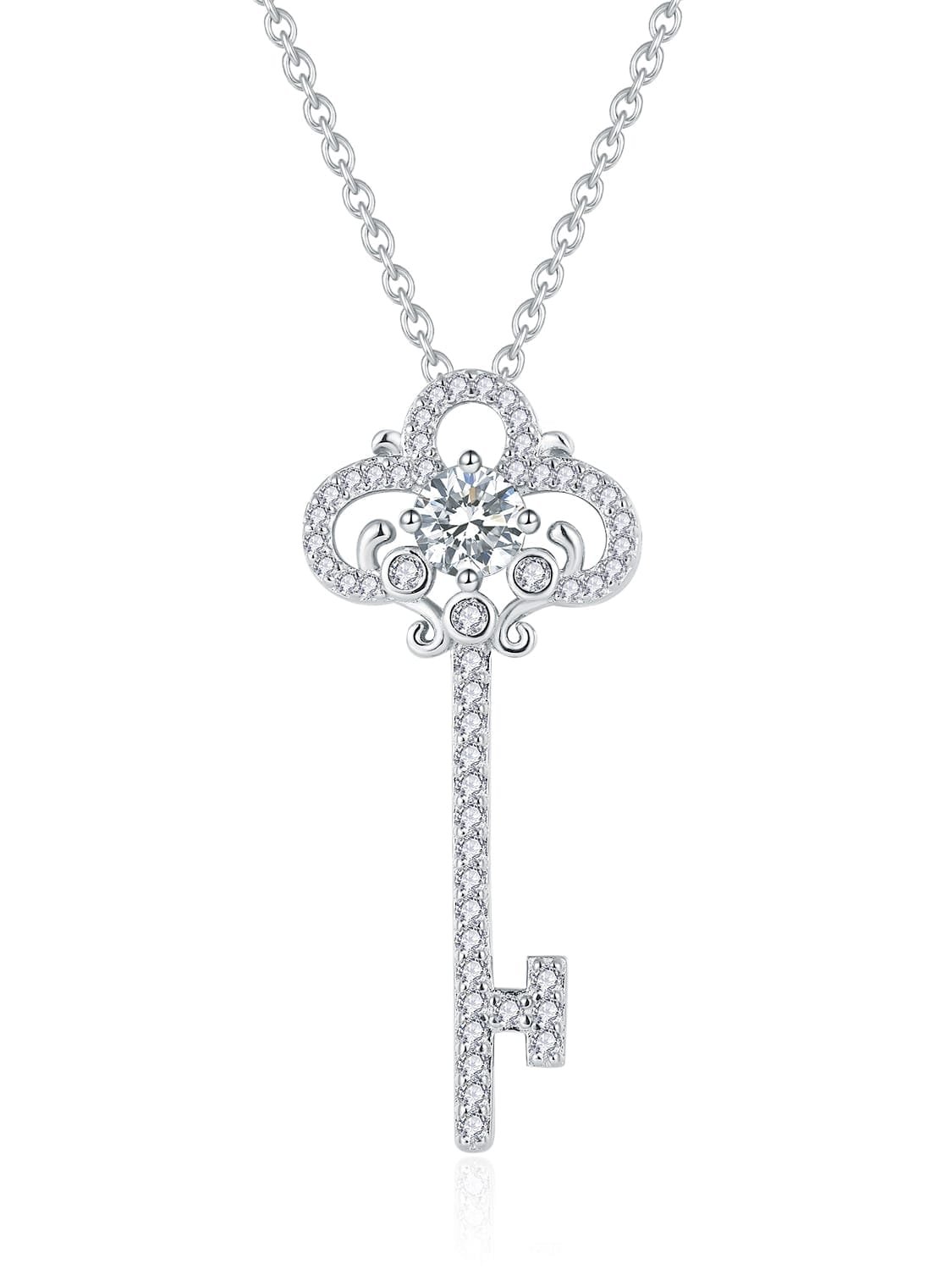 925 Sterling Silver White CZ Key Necklace with Initials