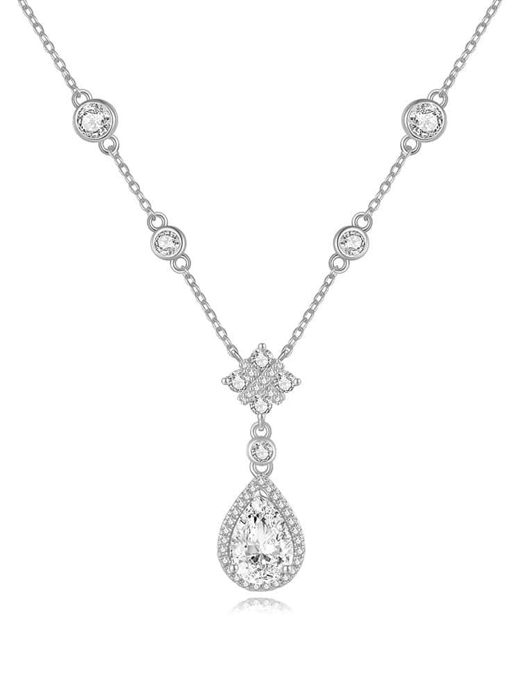 925 Sterling Silver White CZ Water Drop Dainty Lariat Necklace