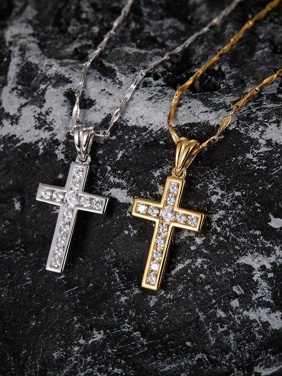 925 Sterling Silver White CZ Religious Cross Necklace