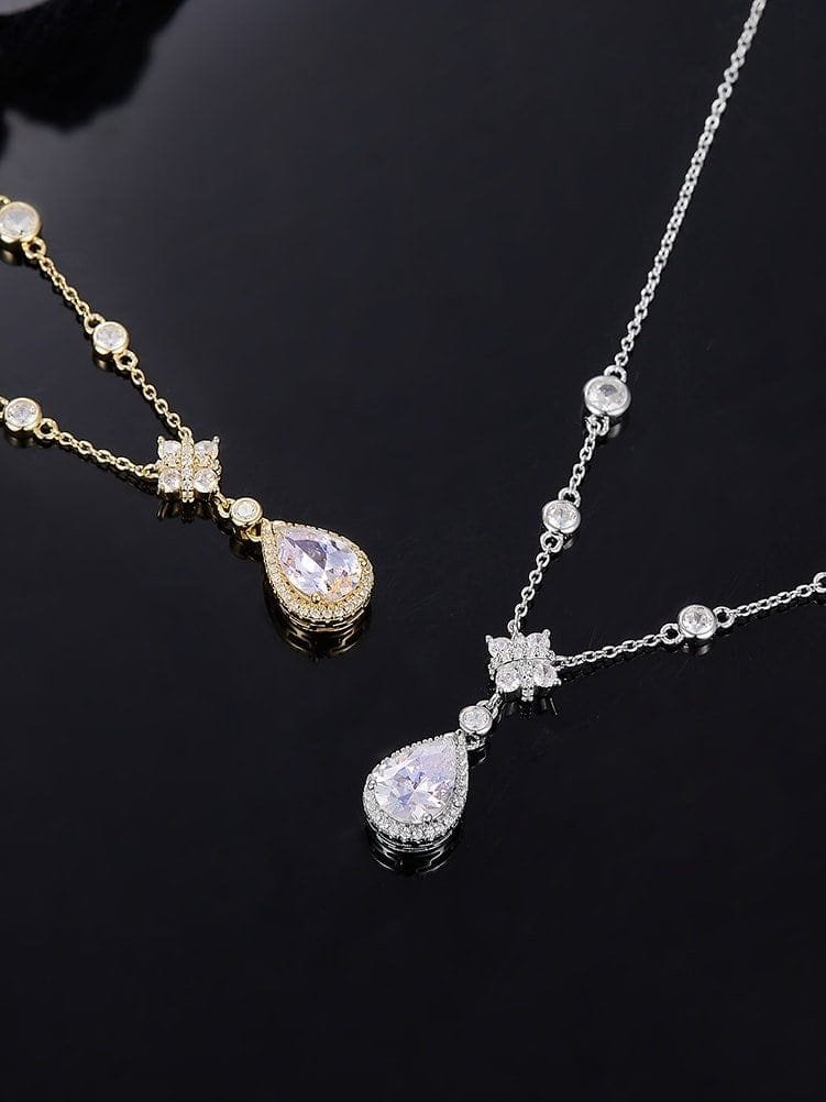 925 Sterling Silver White CZ Water Drop Dainty Lariat Necklace