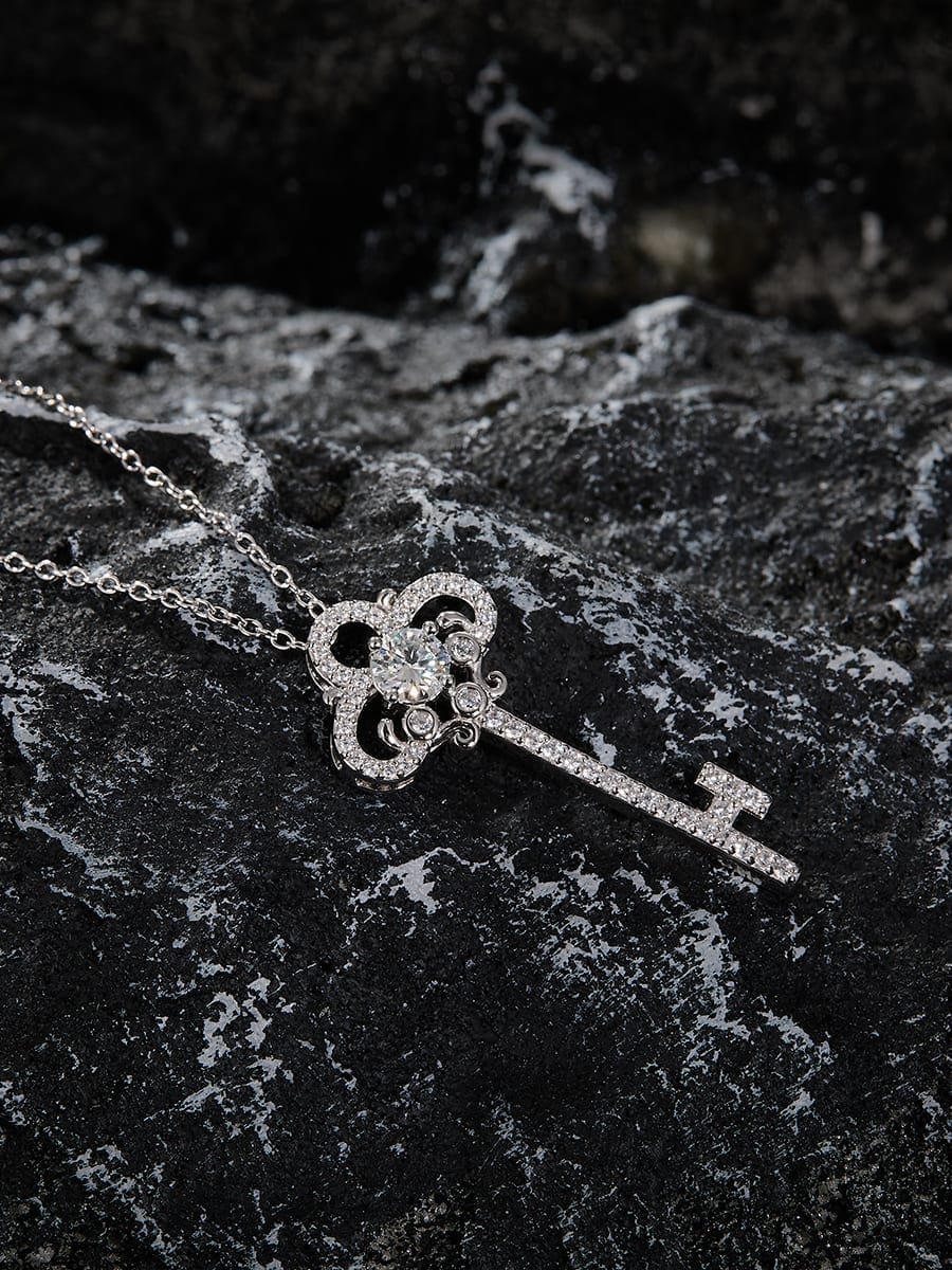 925 Sterling Silver White CZ Key Necklace with Initials