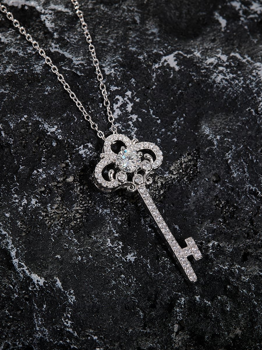 925 Sterling Silver White CZ Key Necklace with Initials