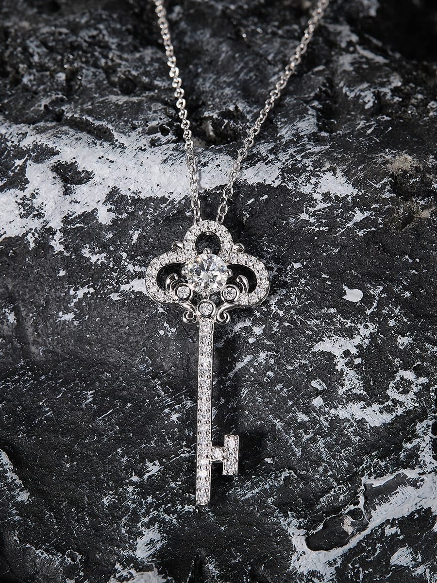 925 Sterling Silver White CZ Key Necklace with Initials