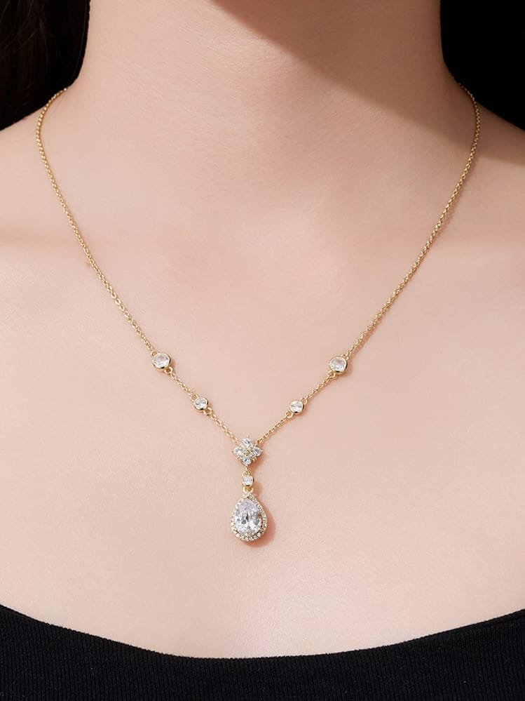 925 Sterling Silver White CZ Water Drop Dainty Lariat Necklace